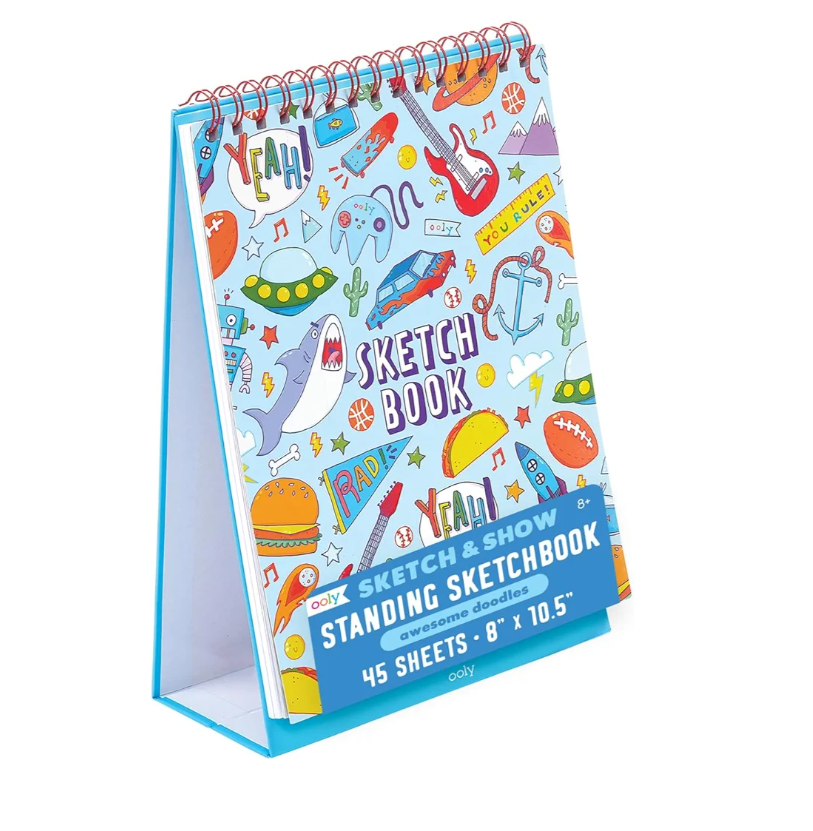 OOLY Sketch and Show Standing Sketchbook, 45 Large 10.5 x 8 Perforated Pages, 120 GSM/ 32lb Perfect for Markers and Colored Pencils - Awesome Doodles