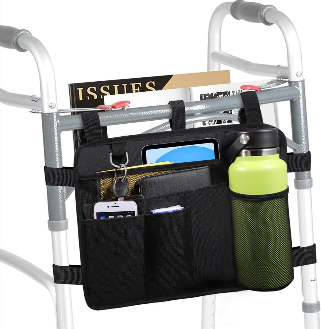 LIGHTMEUP Walker Bag Walker Basket with Cup Holder - Suit for Adult Folding Walkers Rollator Organizer Carry Storage Pouch Water-Resistant Armrest Accessories for Seniors, Elderly, Handicap