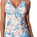 Summer Mae V-Neck Women Tankini Swimsuits Two-Piece with Side Pockets Swim Shorts 2025 Tie-Back Straps Bathing Suits (6-8, Blossom Garden)