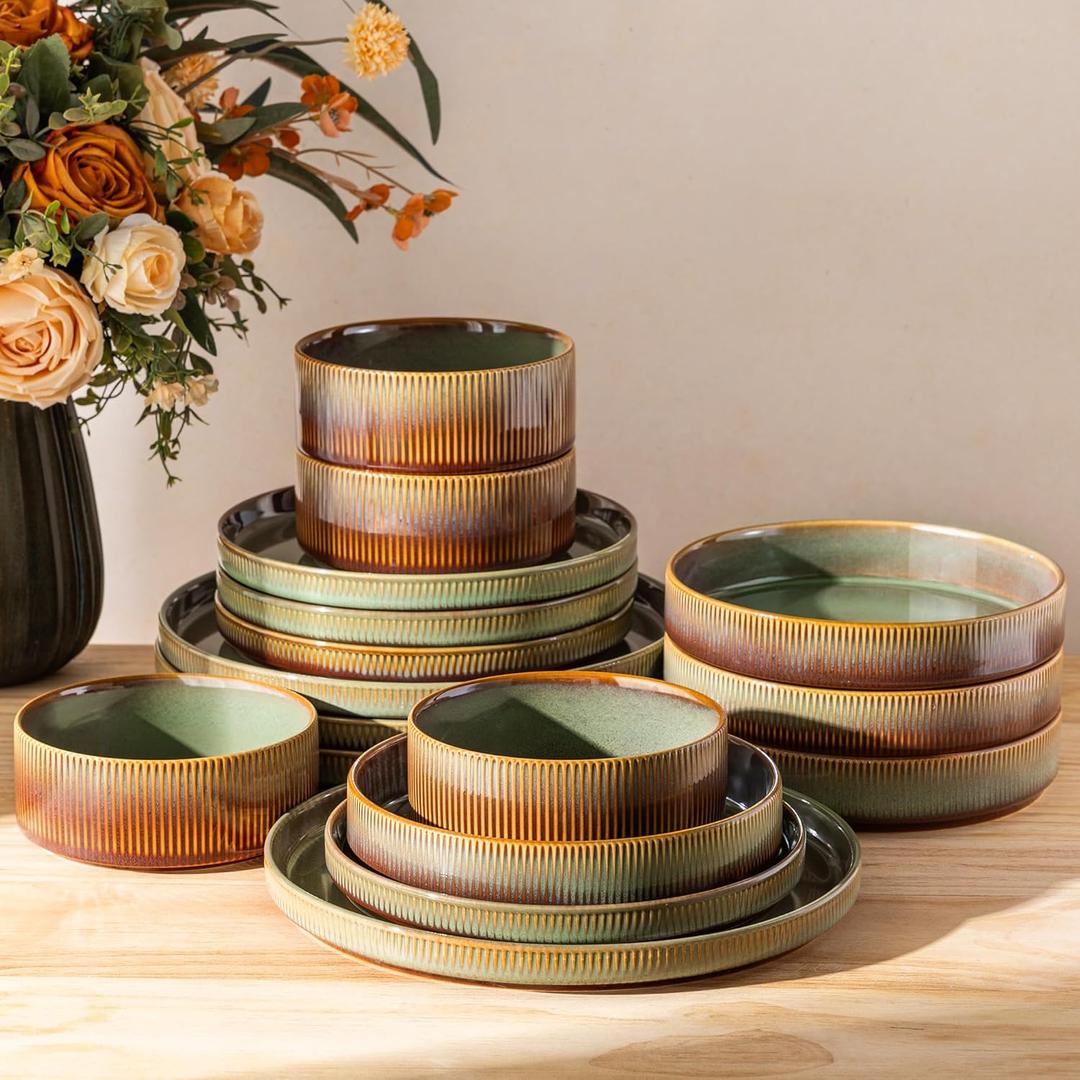 TheTerra Ceramic Dinnerware Sets with Pasta Bowls for 4, 16 Pieces Porcelain Lightweight Plates and Bowls Sets, Scratch Resistant Dish Set, Oven & Microwave & Dishwasher Safe, Sage Umber