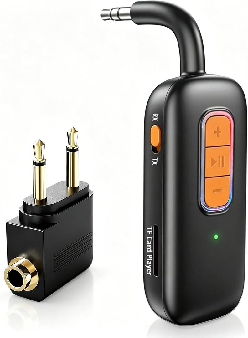 Bluetooth Transmitter Receiver 3-in-1 Airplane/Car Wireless Adapter for AirPod/Headphone, Works with 3.5mm Aux Jack on Airflight/TV/Gym Equipment/Home Stereo, Support TF Card Play