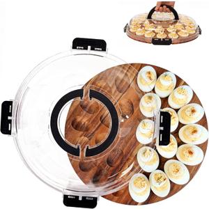 Acacia Wood Deviled Egg Carrier with Secure Snap-Lock Lid Holds 24 Eggs for Parties,Potlucks & Picnics,Portable Serving Tray with Handle, Dishwasher-Safe Lid,Easter Hostess Gift Idea