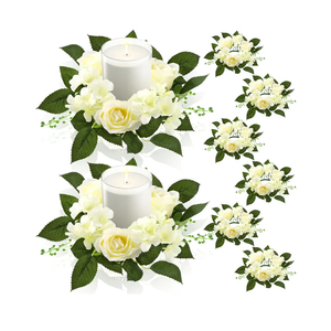 Jutom 16 Pcs Wedding Rose Candle Rings Artificial Floral Wreaths with Green Leaves White Flower Candle Rings Candleholders Garland for Wedding Pillar Centerpiece Party Table Decor