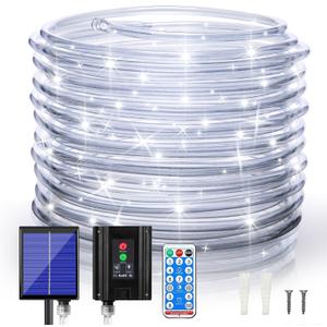 Solar Outdoor Rope Lights, 66ft 200leds Solar Powered Rope Lights Outdoor, 8 Modes Dimmable/Timer Remote String Light 3.7V/1200mAh Rope Solar Lights Outdoor Waterproof for Garden Decor, White