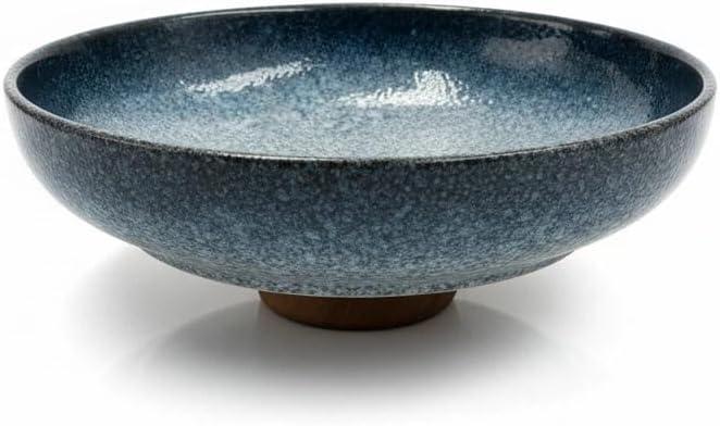 Ceramic Fruit Bowl for Kitchen Counter - 10" Decorative Bowl, Acacia wood baseLarge Decorative Bowls for Home Decor - Modern Key Bowl for Entryway Table - Pedestal Bowl for Keys Blue