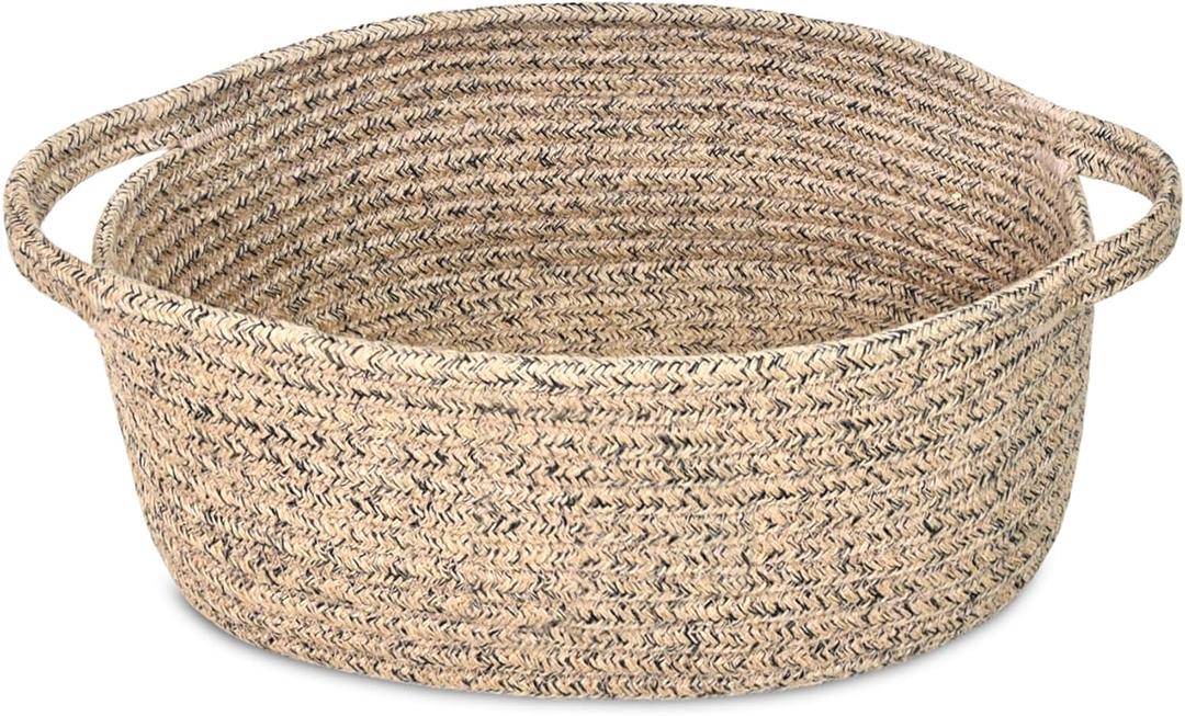 ABenkle Small Basket with Handles - Decorative Durable Rope Woven Storage Bin Shelf Storage Organizer Cube, Easter Baby Gift Basket, 12"x8"x5" (All Jute Mxied Black)