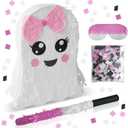 Cute Large Pink Halloween Ghost Piata White Spooky Ghost Piata with Stick and Blindfold Halloween Mexican Piata Birthday Party Game Supply Decorations Fillable for Candy,Toys,Treats