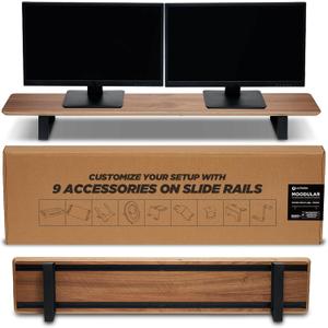ULTRARM Moodular Wooden Monitor Stand 45.6 (116cm) Large Desk Organizer with Metal Slide Rails for Drawer, Tray, Laptop, Tablet, Phone & Headphones Customizable Riser for Organized Workspace Walnut