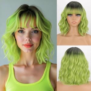 MISSQUEEN Short Green Wig with Bangs Women Girls Dark Roots Ombre Green Wigs Bob Style Heat Resistant Synthetic Natural Realistic Wig for Everyday Hairstyle Cosplay Party Halloween