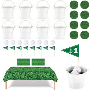 8 Sets Golf Party Centerpieces for Table, Includes 8 Iron Buckets, 8 Golf Balls, 8 Grass Mats, 2 Tablecloths, 8 Flags for Golf Sports Themed Birthday Party Supplies (White)
