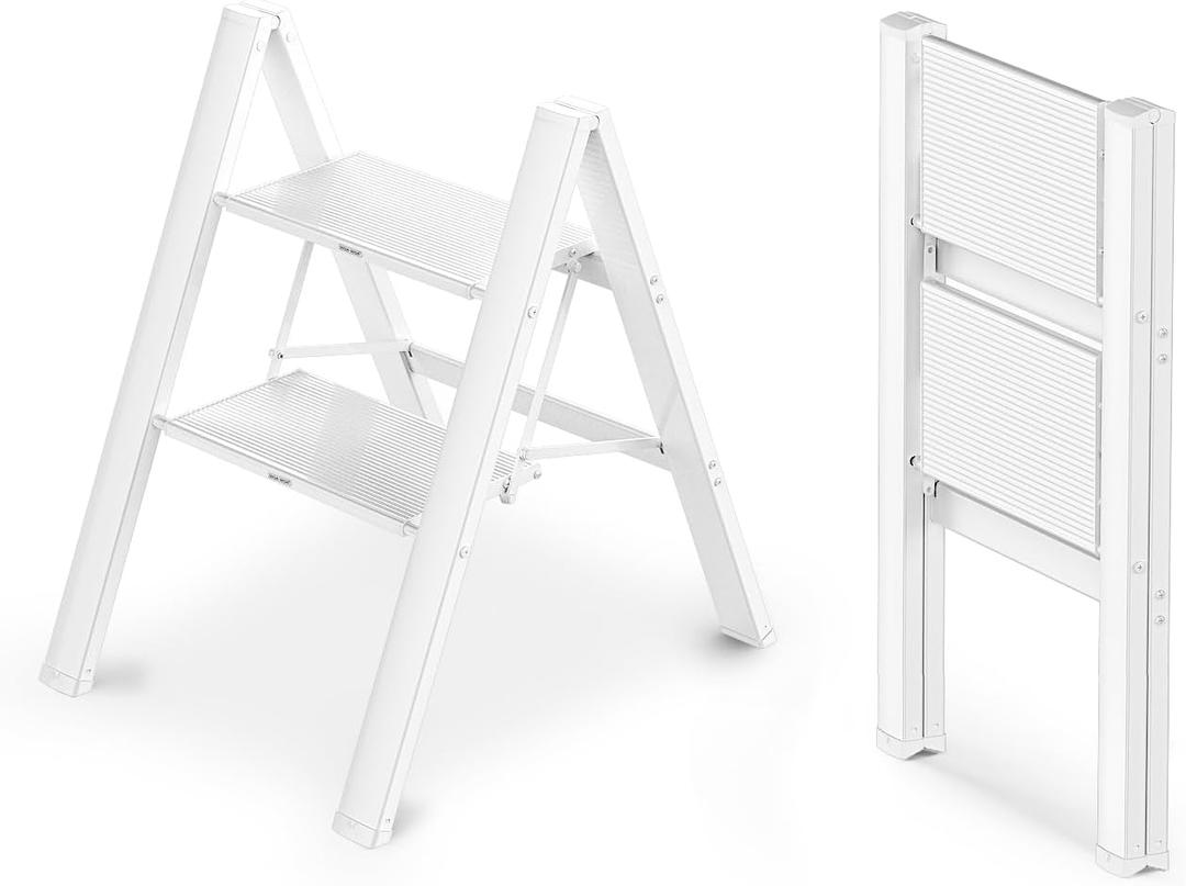 WOA WOA 2 Step Ladder, Foldable Step Stool, Aluminum Lightweight Ladder for Home Kitchen Closet, Anti-Slip Pedals, Ease of Folding, Portable, 300lbs Capacity - White