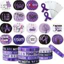 138 Pcs Purple Ribbons Awareness Accessories 30 Purple Ribbons Bracelet Silicone Wristband 48 Violet Round Pin Buttons and 60 Stickers for Domestic Violence Alzheimer's Pancreatic Cancer