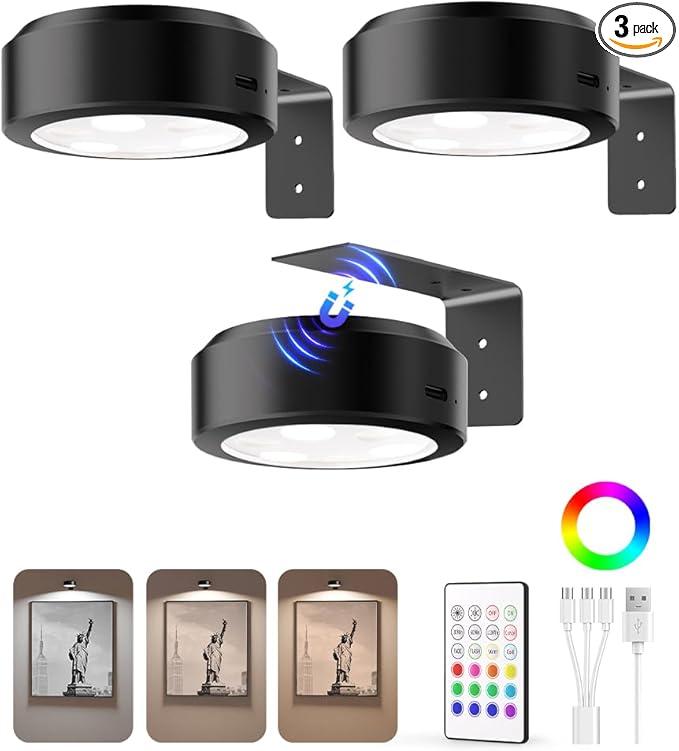 EZVALO Picture Lights for Wall, 2000mAh Rechargeable Battery Magnetic Poster Lights with 3 Color Temps & 12 RGB, Remote Dimmable Timer Painting Light, Wall Decor Light for Art Display, Frame (3 Pack) (White)