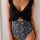 Eomenie One Piece Swimsuit for Women Tummy Control Ruffle Bathing Suit V Neck Ruched Swim Suit Slimming Cutout Swimwear (Black White Print, X-Large)
