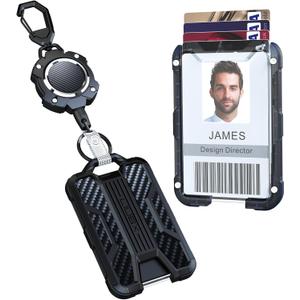 LIUGX Retractable Badge Holders, Heavy Duty Carabiner Keychain,Durable ID Card Holder (Holds 4 Cards), Carbon Fiber-Texture, with 31.5Badge Reel Key Chain, 10,000+ Rebound, Silver-Black