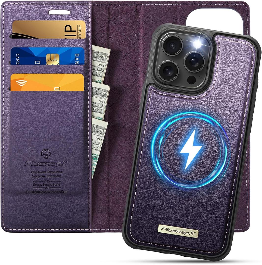 Wallet Case for iPhone 16 Pro Max Compatible with Magsafe, 2-in-1 PU Leather Flip RFID Blocking Card Holder Stand Shockproof Magnetic Detachable Cover for iPhone 16 Pro Max, Fashion Purple