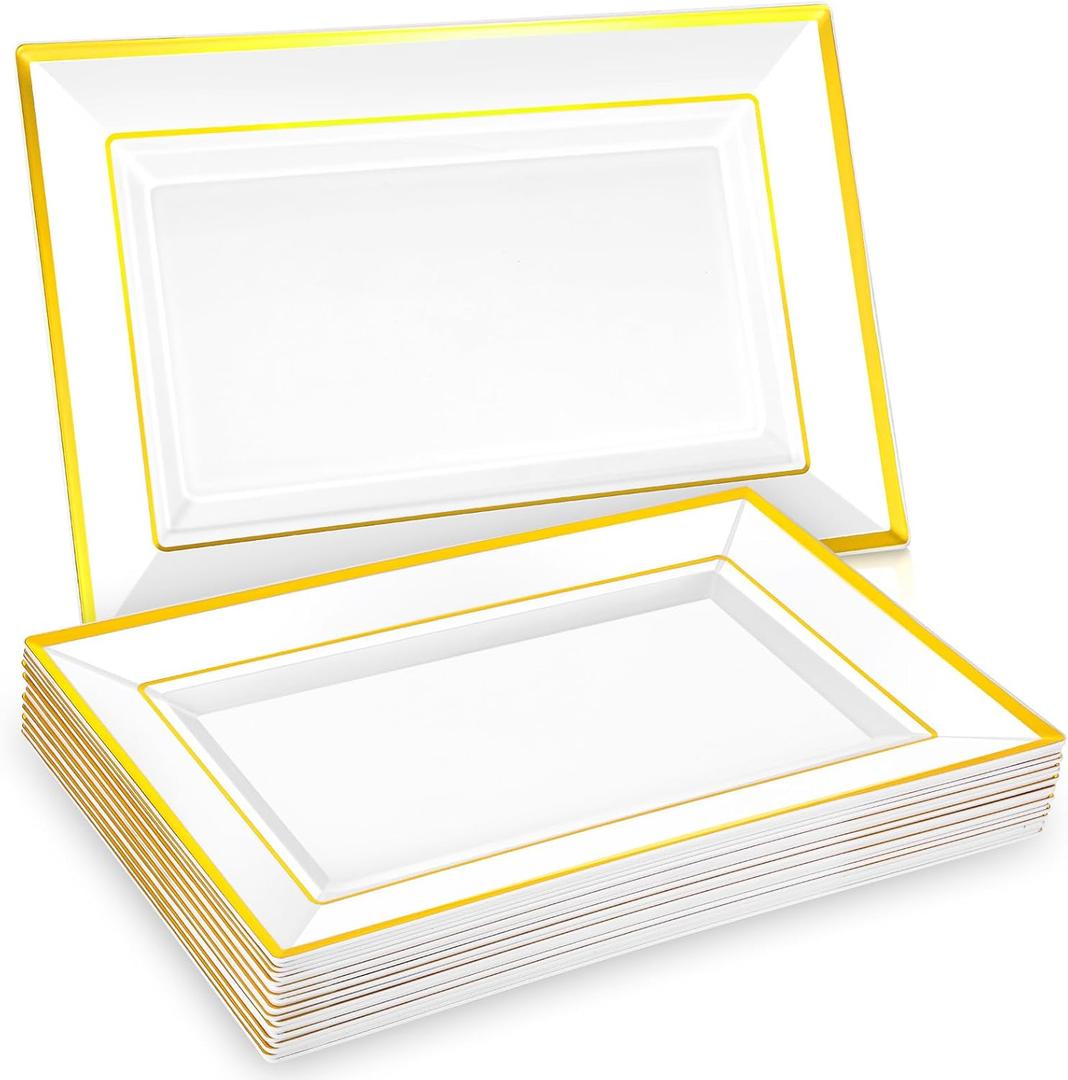 24 PCS Plastic Party Serving Trays and Food Platters White Gold Rim Rectangular Disposable Tray for Birthday Party Weddings Hosting Appetizers Cupcake Catering Events