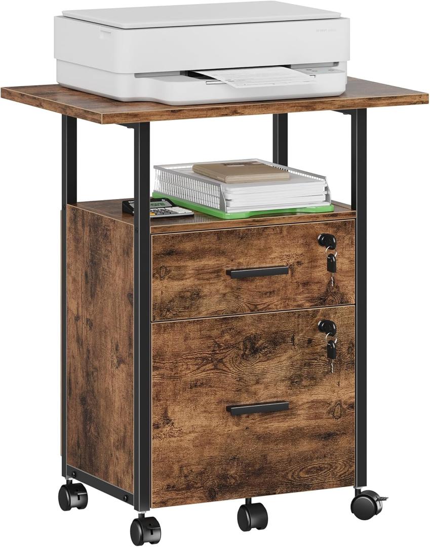 GYIIYUO 2 Wood Drawer Lockable File Cabinet with 22'' Extended Desktop, Mobile Filing Cabinet with Side Bag, Rolling Printer Stand, Fits A4&Letter Size, Home Office, Rustic Brown
