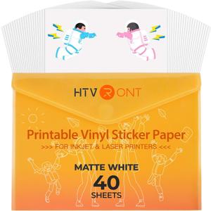 HTVRONT Printable Vinyl for Inkjet Printer & Laser Printer - 40 Pcs Matte White Inkjet Waterproof Printable Vinyl Sticker Paper, 8.5"x11"