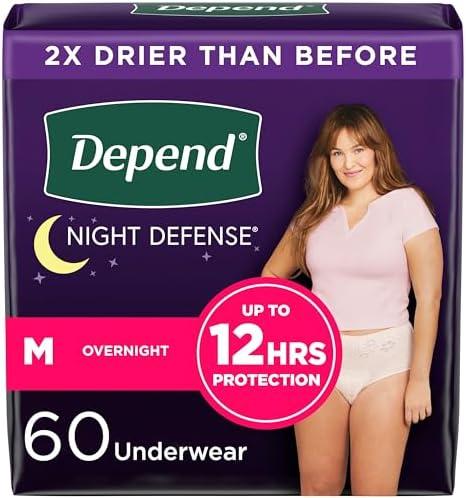 Depend Night Defense Adult Incontinence & Postpartum Bladder Leak Underwear for Women, Disposable, Overnight, Medium, Blush, 60 Count (4 Packs of 15), Packaging May Vary