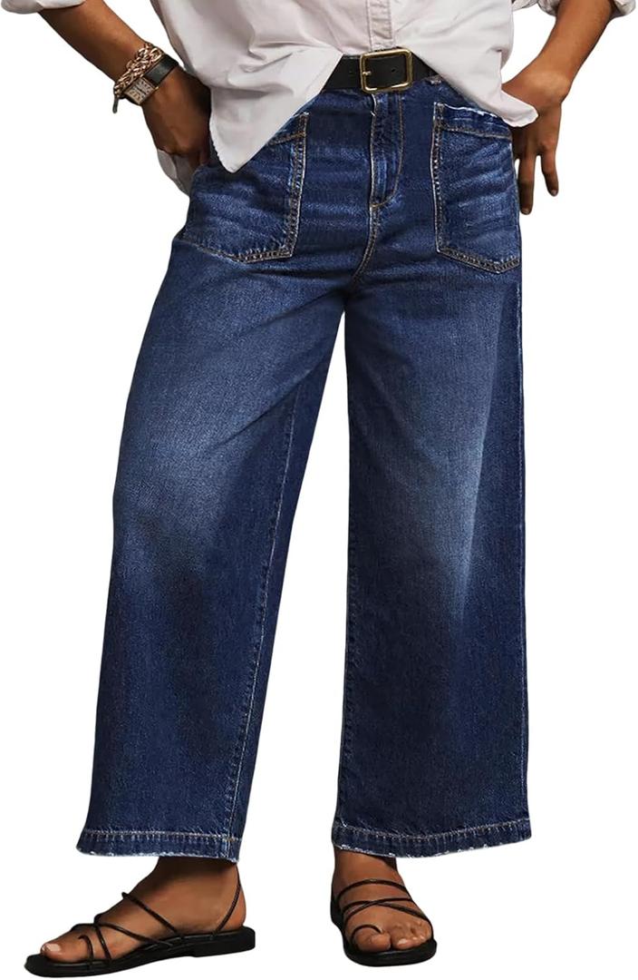 Eytino Women Plus Size Jeans High Waist Wide Leg Jean Trousers Stretchy Baggy Straight Leg Denim Pants with Pockets, 2X Bluing