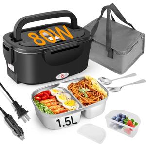 Electric Lunch Box 80W for Adults, 1.5L Lunch Warmer with 2 Compartments for Truck/Car/Work, Fast Portable Heated Lunch Box Food Warmer Heater 12/24/110V, Removable Stainless Steel Container