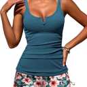 ZAFUL Women's V-Wire Tankini Swimsuits Tummy Control Ruched Top Two Piece Bathing Suits with High Waisted Shorts (X-Large, Blue Bloom)