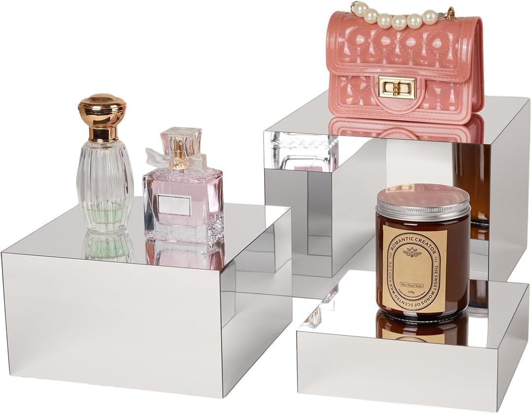 3 Pcs Acrylic Risers for Display, Acrylic Cube Box Food Display Risers Stand Shelf for Catering Dessert Collectibles Jewelry Figures Party (Silver3pc) (Silver 3pcs (6",7",8"))