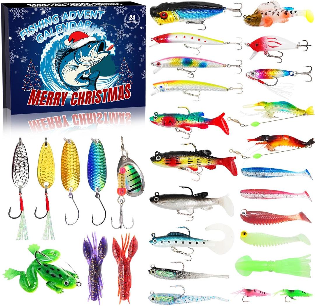 Advent Calendar Fishing Christmas Countdown -24 Days Fishing Lures Kit, 2025 Xmas Fishing Gift for Fisher Adult Men,Teen Boys,Father,Husband, or Boyfriend
