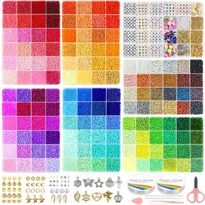 Redtwo 3mm 45000pcs Glass Seed Beads Kit, 7 Boxes 144 Colors Small Beads for Bracelets, Friendship Bracelet Kit with Charms and Letters (colored)