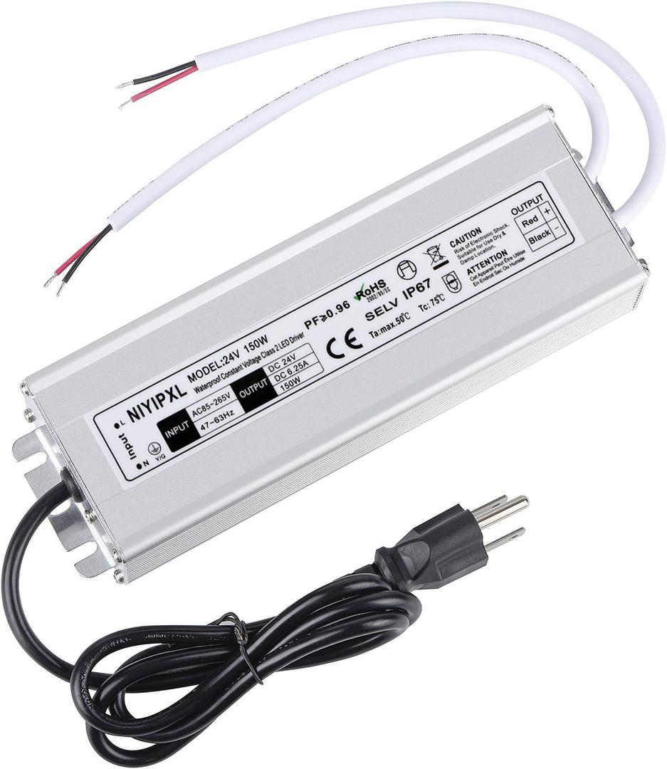 LED Driver 150 Watts 24V DC Low Voltage Transformer Waterproof IP67 LED Power Supply, Adapter with 3-Prong Plug 3.3 Feet Cable for Any 24V DC led Lights, Computer Project, Outdoor Light