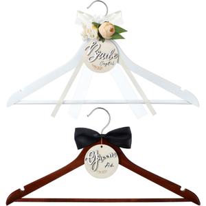 2 Pack Bride Hanger Groom Hanger Wedding Hangers with Ribbon Bow for Wedding Dress Suit Bride Gift(Brown, White,Flower)