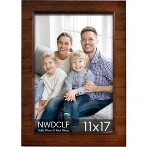 Rustic 11x17 Wood Picture Frame with Real Glass, Farmhouse Photo Frame for Wall Mount, Natural Wooden Frame for Family Photos, Gifts, Home Dcor, Brown