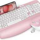 Wireless Keyboard and Mouse Combo, Wave Keys Full-Sized Ergonomic Keyboard with Cushioned Plam Rest, Phone Holder, Comfortable Natural Typing, 2.4G Cordless Set for Computer, Laptop, Pc, Mac, Windows