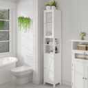 ChooChoo Tall Bathroom Storage Cabinet with Light, 5-Tier Narrow Bathroom Cabinet with 2 Doors, Slim Storage Linen Cabinet Freestanding with Adjustable Shelves for Space Saving, White, 11.8 inches x 11.8 inches x 66.53 inches