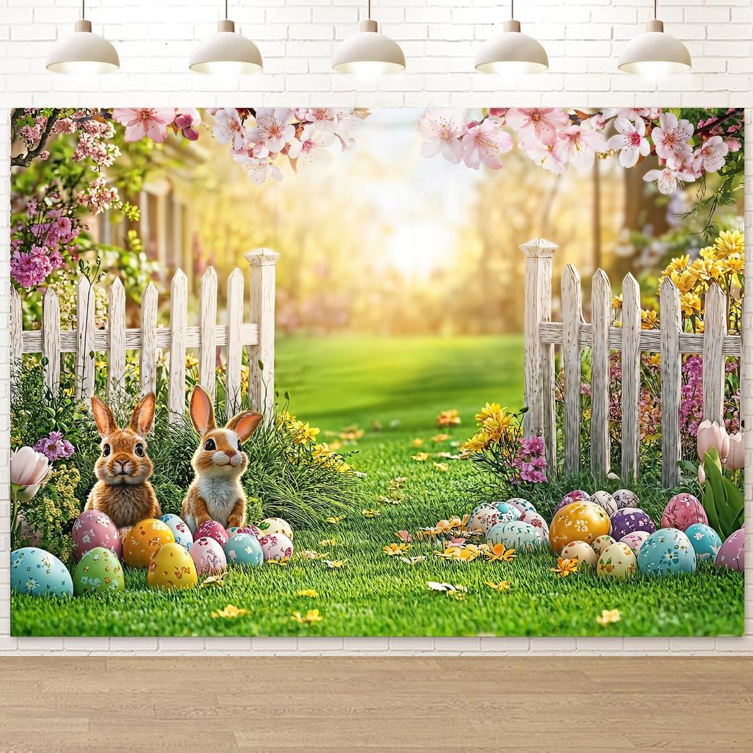 Spring Photography Backdrop, Easter Backdrop Garden Party Decorations Background for Kids Birthday Baby Shower Newborn Photo Shoot Portrait Session Studio Props 7x5ft Reusable and Washable (Multi)
