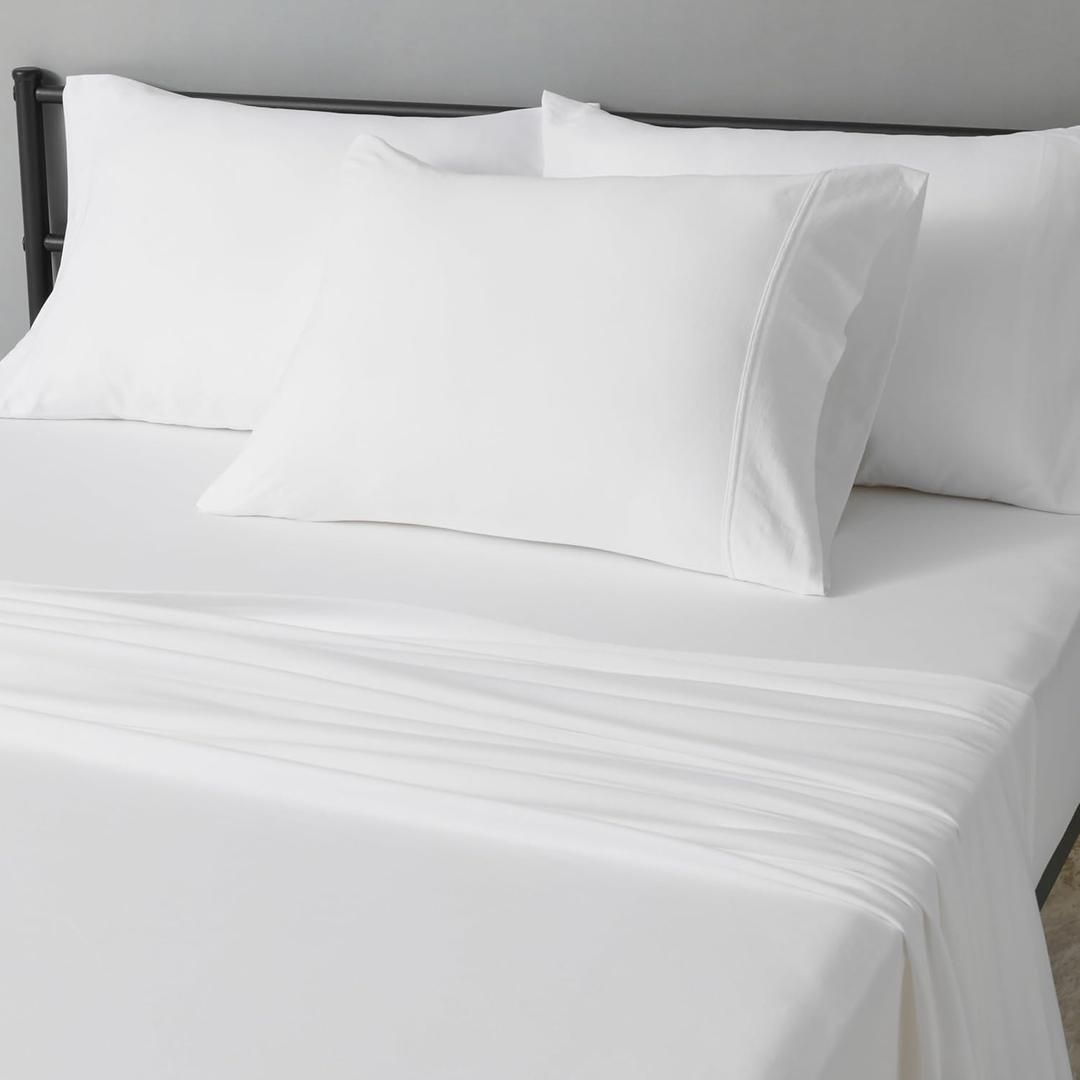 Amazon Basics 100% Cotton Jersey Bed Sheet Set, Twin, White, Solid