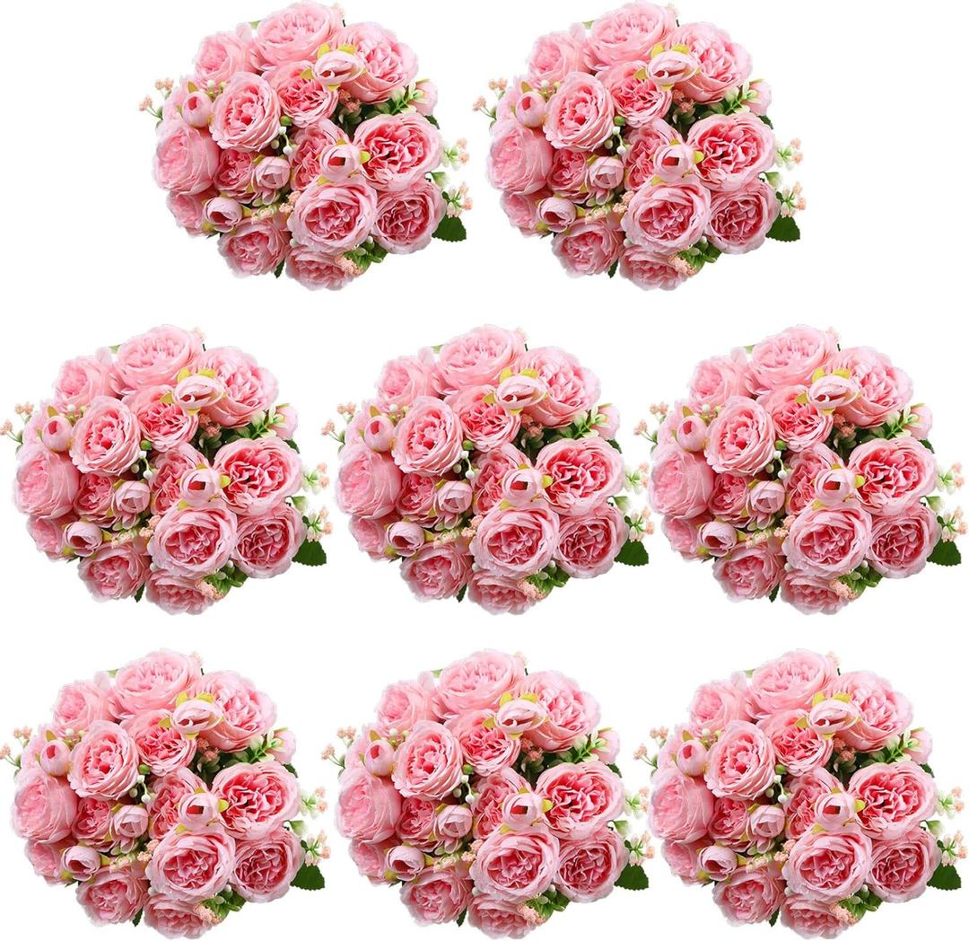 Geosar 8 Bundles Artificial Peonies Flowers Fake Silk Peony Bouquet Faux Peonies Flowers Bulk for Decoration Vase Florals Arrangements Wedding Party Table (Pink)