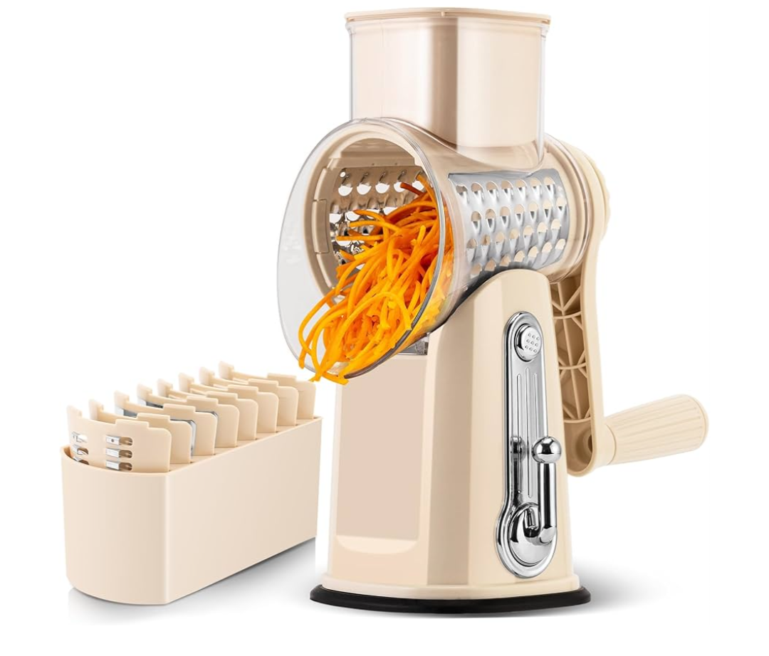 SUSTEAS Rotary Cheese Grater with Handle - Vegetable Shredder with 5 Well-designed Blades & Strong Suction Base,Round Mandoline Slicer & Food Chopper for Kitchen,with Blade Storage Box(Yellow)