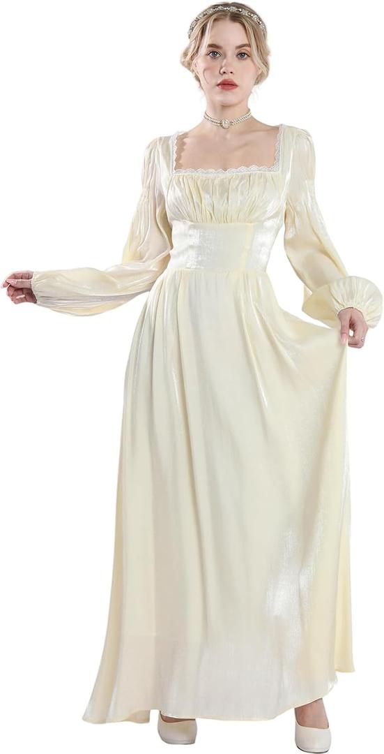 CR ROLECOS Womens Victorian Dress Long Sleeve Regency Ball Gown Costume (Small, Light Yellow)