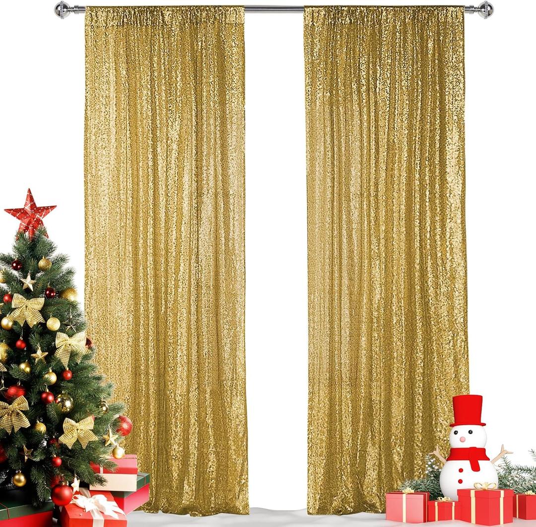 Hahuho Gold Sequin Backdrop Curtain, 2PCS 2FTx8FT Glitter Backdrop Curtain for Parties, Christmas, Wedding, Party Decoration 2 Panels, 2FT x 8FT, Gold