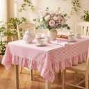Mindsoft Pink Striped Ruffled Tablecloth 60 x 120 Inches Cotton Linen Rectangle Striped Table Cloth Classic Farmhouse Vintage Table Cover Decorative Pattern for Holiday Party