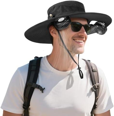 AMACOOL 2-in-1 Hands-free Hat Fan with 5200mAh Detachable Neck Fan, UPF 50+ Wide Brim Sun Hat, 16Hrs Running, 3-Speed Adjustable, Fishing Essentials for Men Women Camping Travel Delivery Outdoor,  Black
