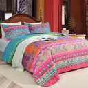 Nanko Quilt Set Queen Full Size 3 Pcs, Boho Red & Green Colorful Vintage Striped Bedspreads, Soft Lightweight Coverlet Bed Spreads, Bohemian Thin Quilted Comforter Bedding Sets for Women Men, 90x90, Red & Green Bohemian Quilt Set