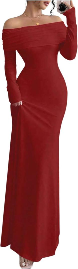 SOLY HUX Women's Long Sleeve Off The Shoulder Bodycon Dress Elegant Maxi Dress Cocktail Prom Dresses S