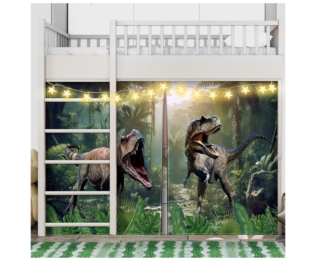 Dinosaur Loft Bed Tent Curtain Set for Low Twin, Bunk Bed Curtains with Enchanting Star Lights Play Gifts Tent Party Decoration for Indoor & Outdoor