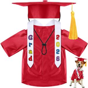 Chicingyou Small Dog Graduation Cap and Gown 2026 with Stole Washable Shirt and Hat Pet Graduation Gown Costume Outfit for Tiny Dog Little Cat Doll Clothes Holiday Halloween Costume Accessory(Red)