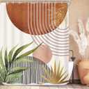 KOMLLEX Mid Century Green Boho Shower Curtain 60Wx72L Inches Abstract Modern Brown Shower Curtain for Bathroom Decor Plant Botanical Minimalist Arch Sun Fabric Liner Waterproof Polyester 12 Pack Hooks