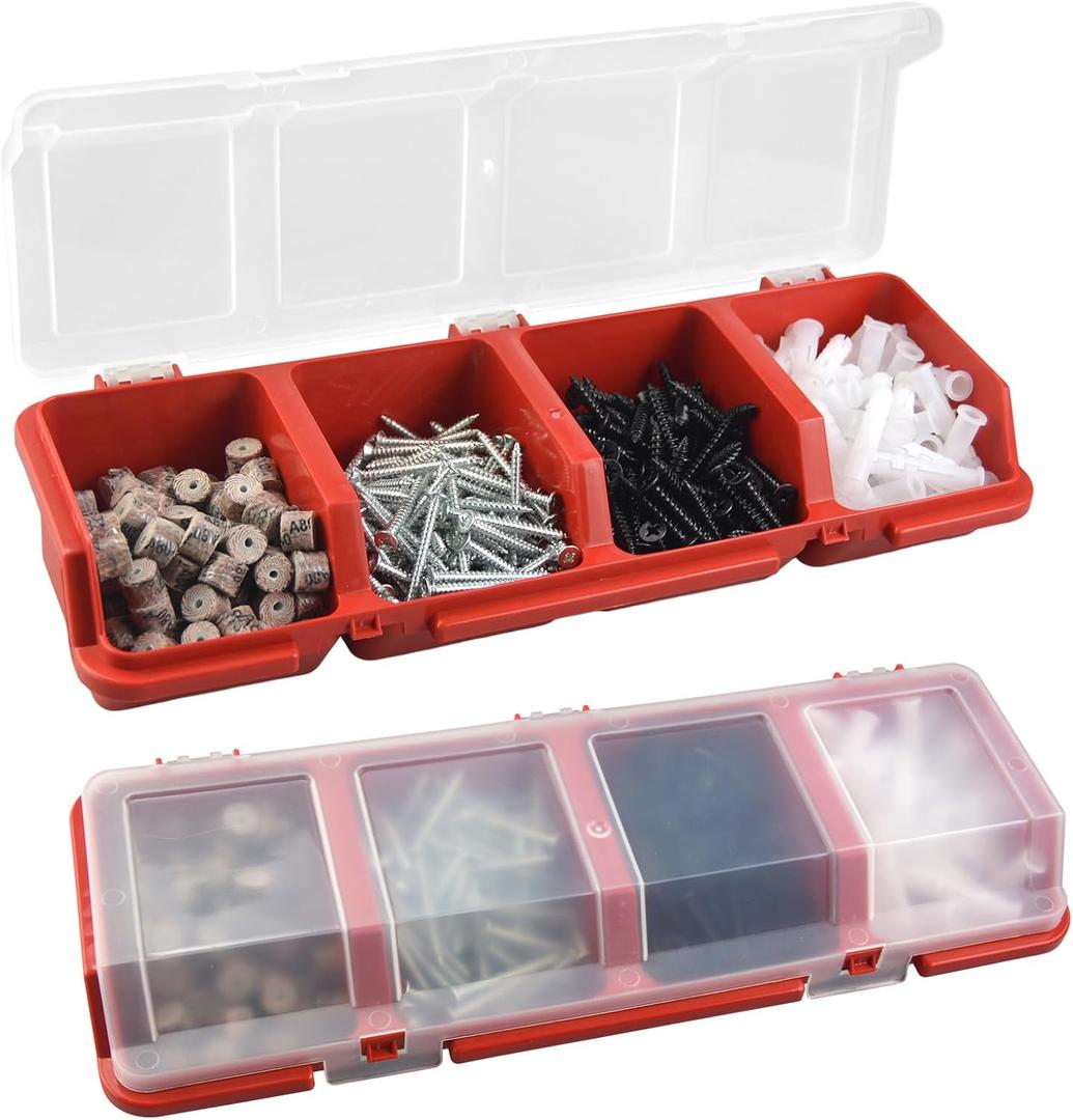 Screw Organizer Storage Bins, 2 Pack Stackable Bins with Lids, Divider Compartment Containers for Garage/Craft Tool Organizing, Tool Cart Cabinet Workbench Drawers Organization and Storage (Red)