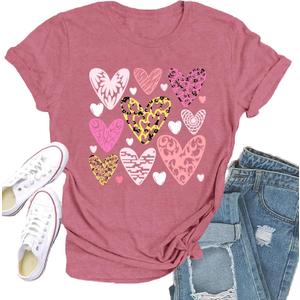 Valentines Shirts for Women Love Hearts T-Shirt Happy Valentine's Day Tee Tops (X-Large, Pink1)